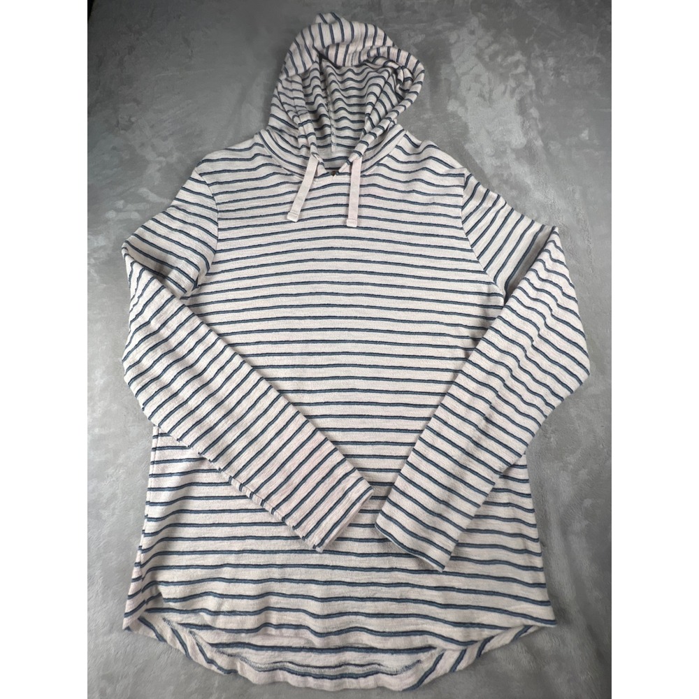 Marine Layer Mens Large Striped Knit Hoodie Cream Blue Long Sleeve Pullover